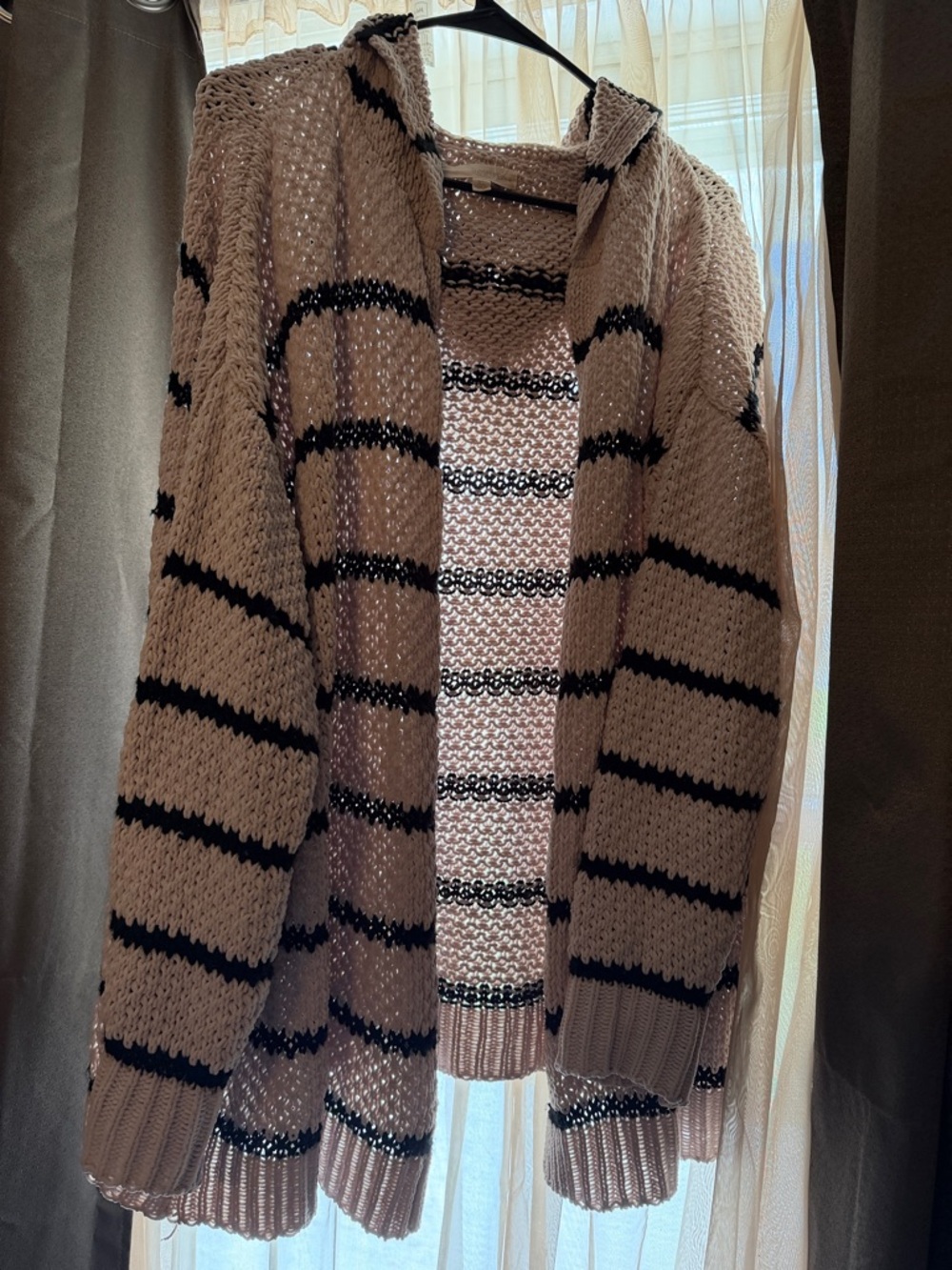 Women’s Beige Knit Hooded Cardigan with Black Stripes